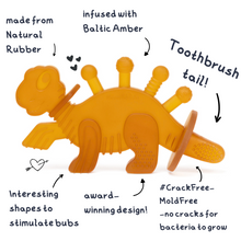 Load image into Gallery viewer, Dibly Amber - Baltic Amber &amp; Natural Rubber Dinosaur Teether with Toothbrush Tail
