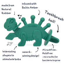 Load image into Gallery viewer, Dibly - Green - Baltic Amber &amp; Natural Rubber Dinosaur Teether with Toothbrush Tail
