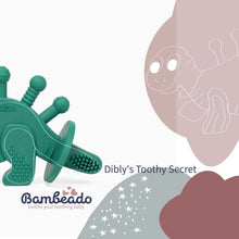 Load image into Gallery viewer, Dibly - Green - Baltic Amber &amp; Natural Rubber Dinosaur Teether with Toothbrush Tail
