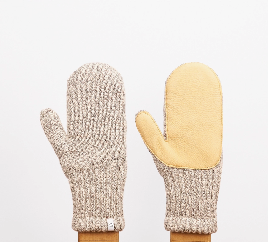 Oatmeal Melange Ragg Wool Mitten with Natural Deerskin